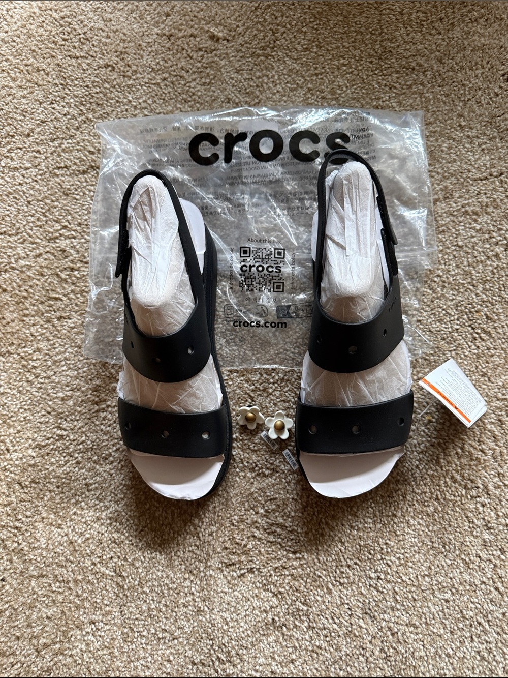 CROCS Women's Black Platform Sandals with Floral Charms 10-Wide